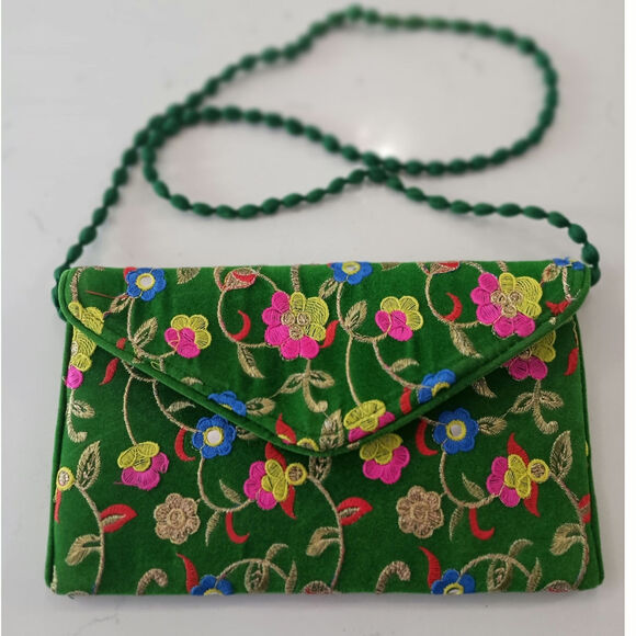 Green handmade shoulder purse. Embroidered Ditsy Floral. Colorful unique - Picture 1 of 8